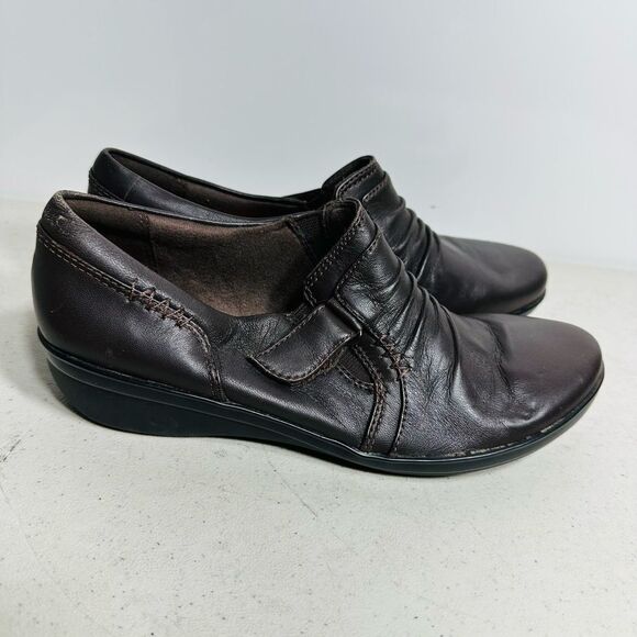 Clarks Everlay Coda Dark Brown Leather Ruched Slip On Shoes Sz 7 - Picture 2 of 7